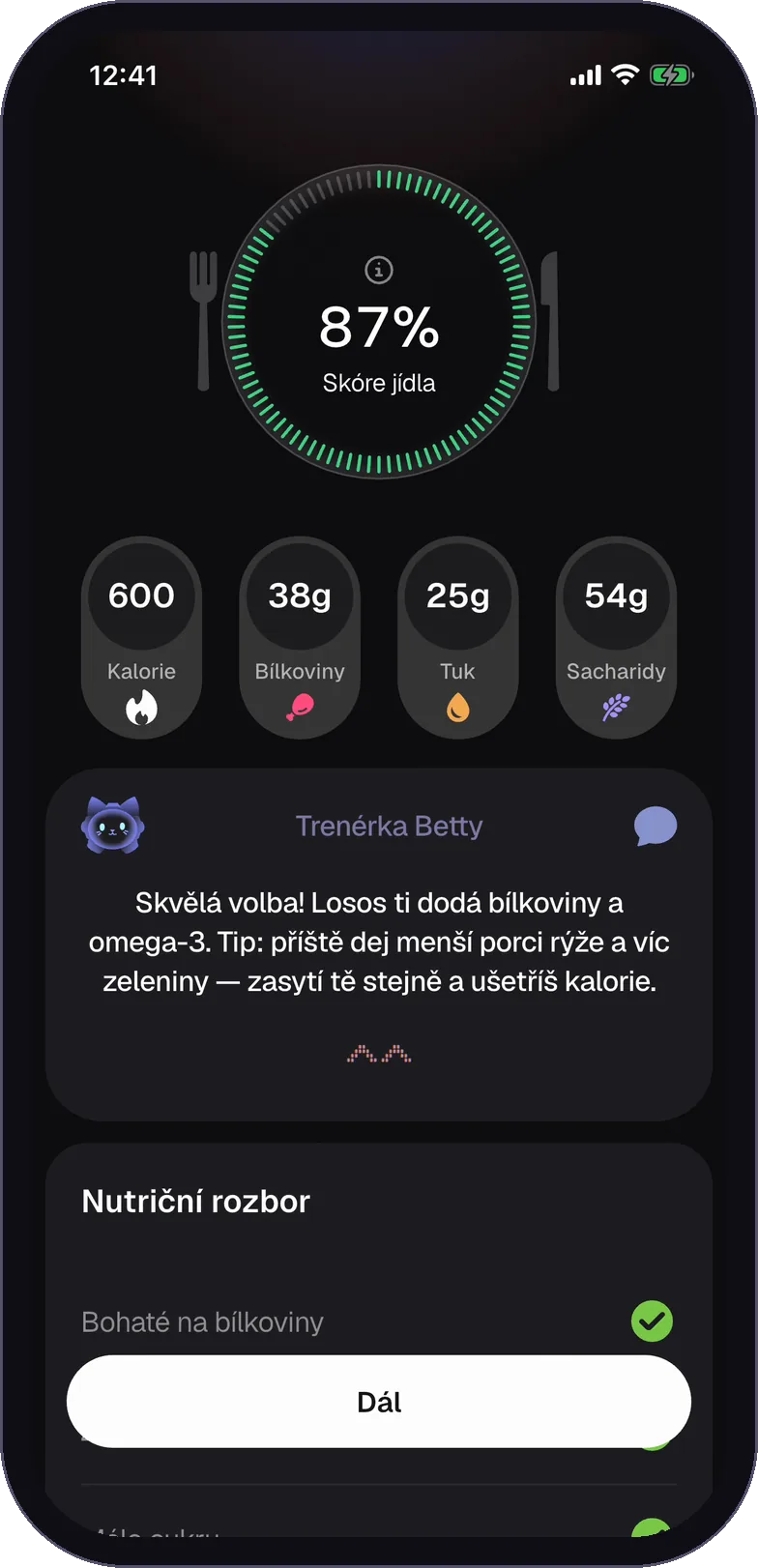 Hodnocení jídla z fotky v aplikaci BetterGym